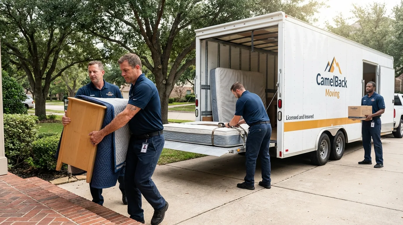 Crew loading residential truck for cross-state move from Thorndale, TX