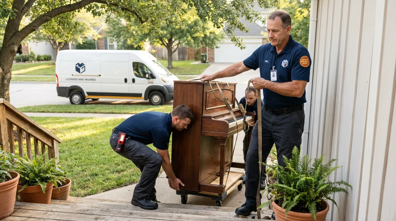 Licensed piano movers securing grand piano in Thorndale, TX
