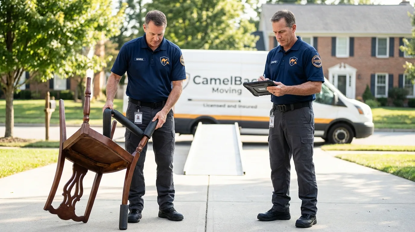 Movers inspecting furniture for damage prevention before loading in Thorndale, TX