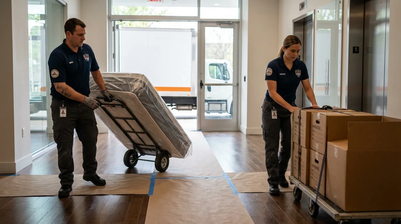 Professional apartment movers loading elevator in Thorndale, TX