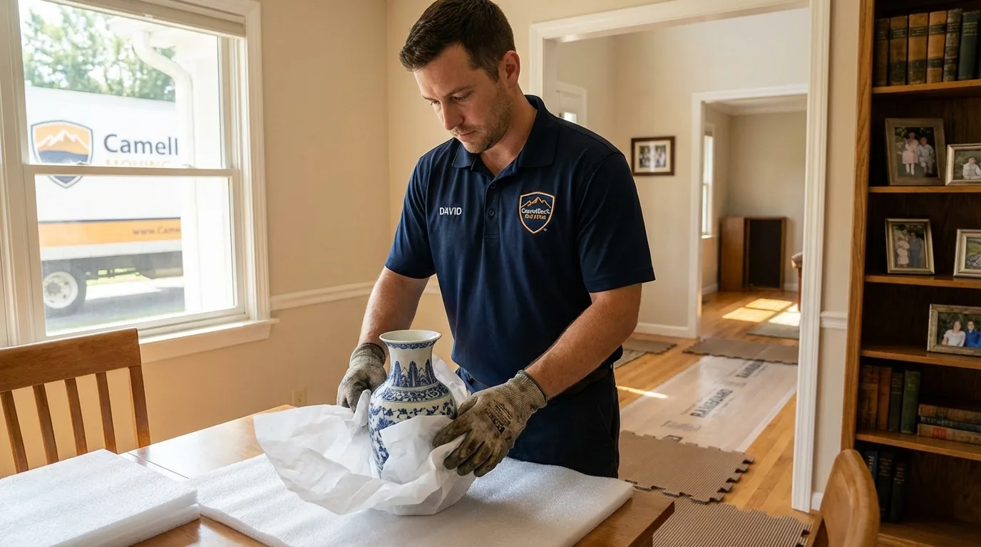 Professional crew carefully wrapping antique vase for senior downsizing move in Thorndale, TX